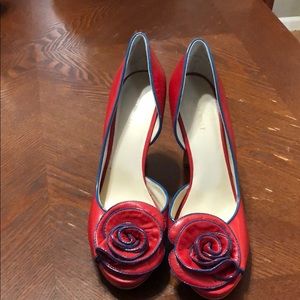 Nine West Red 3.5 Inch Pump with Flower Detail